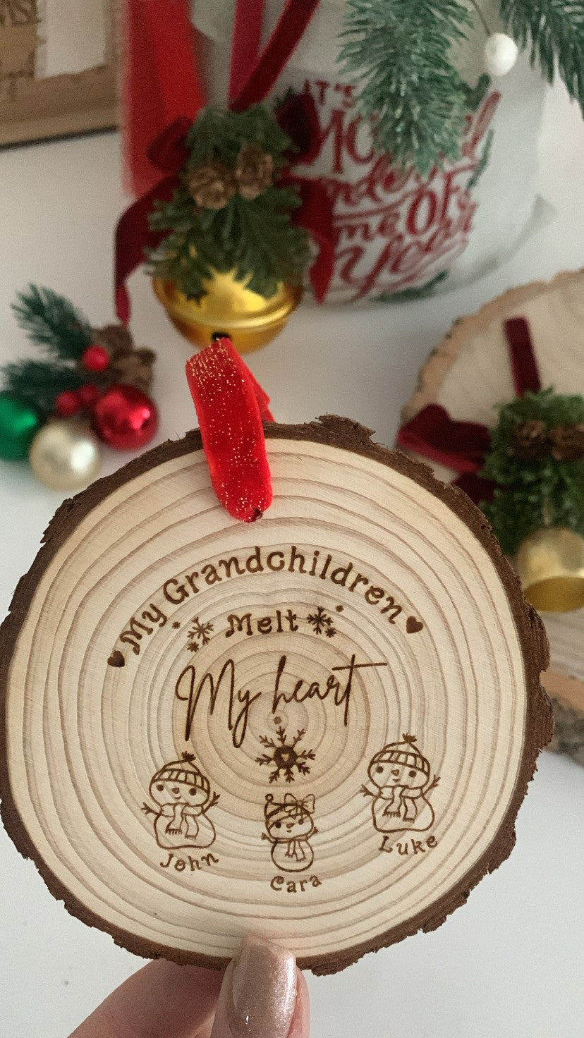 My Grandchildren Melt My Heart wooden engraved ornament with snowman doodles