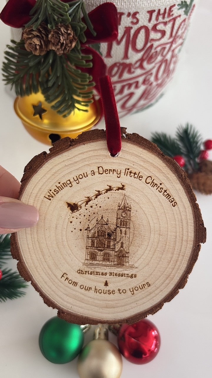 Wishing You a Derry Little Christmas wooden engraved disc