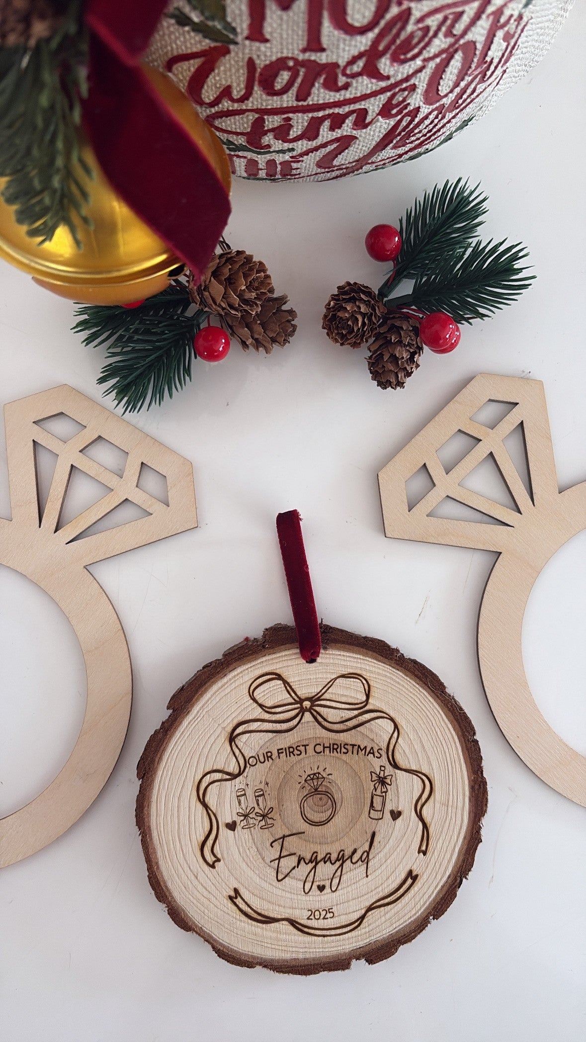 Our First Christmas Engaged Wooden Engraved Disc