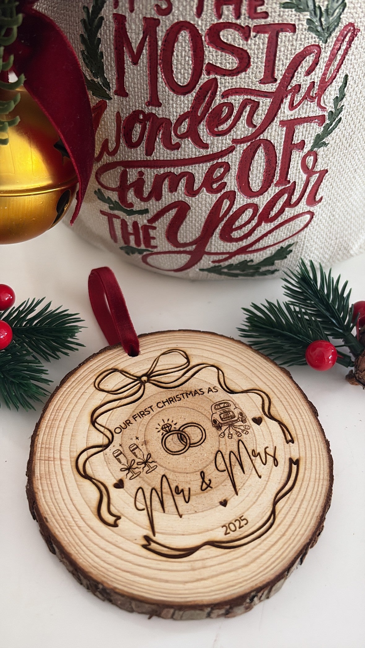 Our First Christmas as Mr & Mrs Wooden Engraved Disc