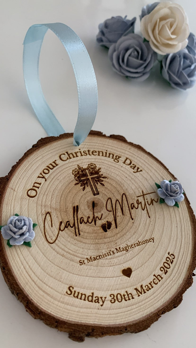 Personalised christening wooden engraved disc with baby name and date