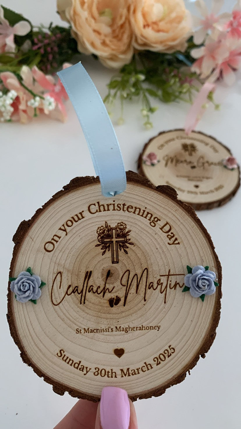 Personalised christening wooden engraved disc with baby name and date
