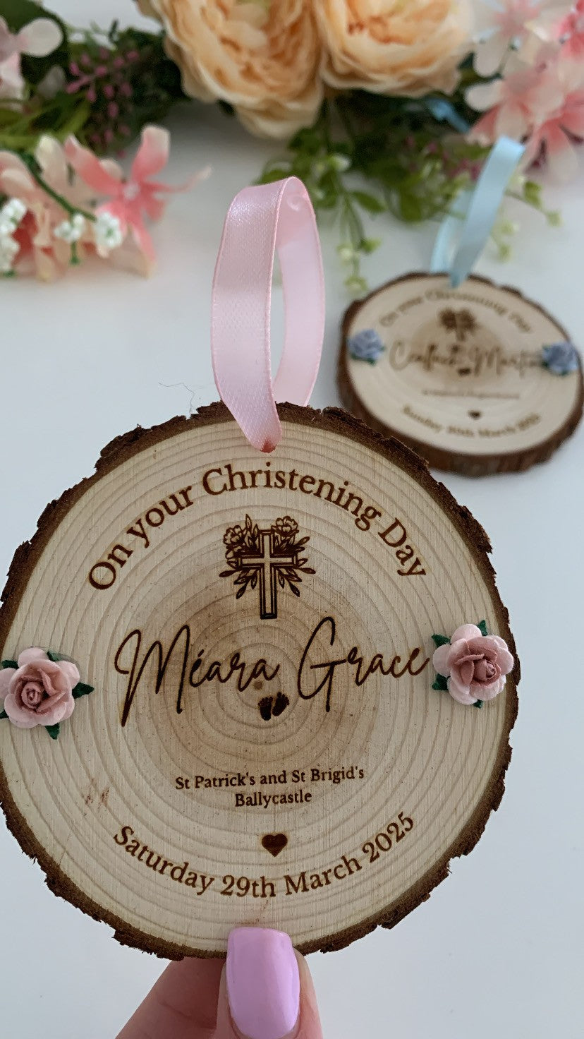 Personalised christening wooden engraved disc with baby name and date