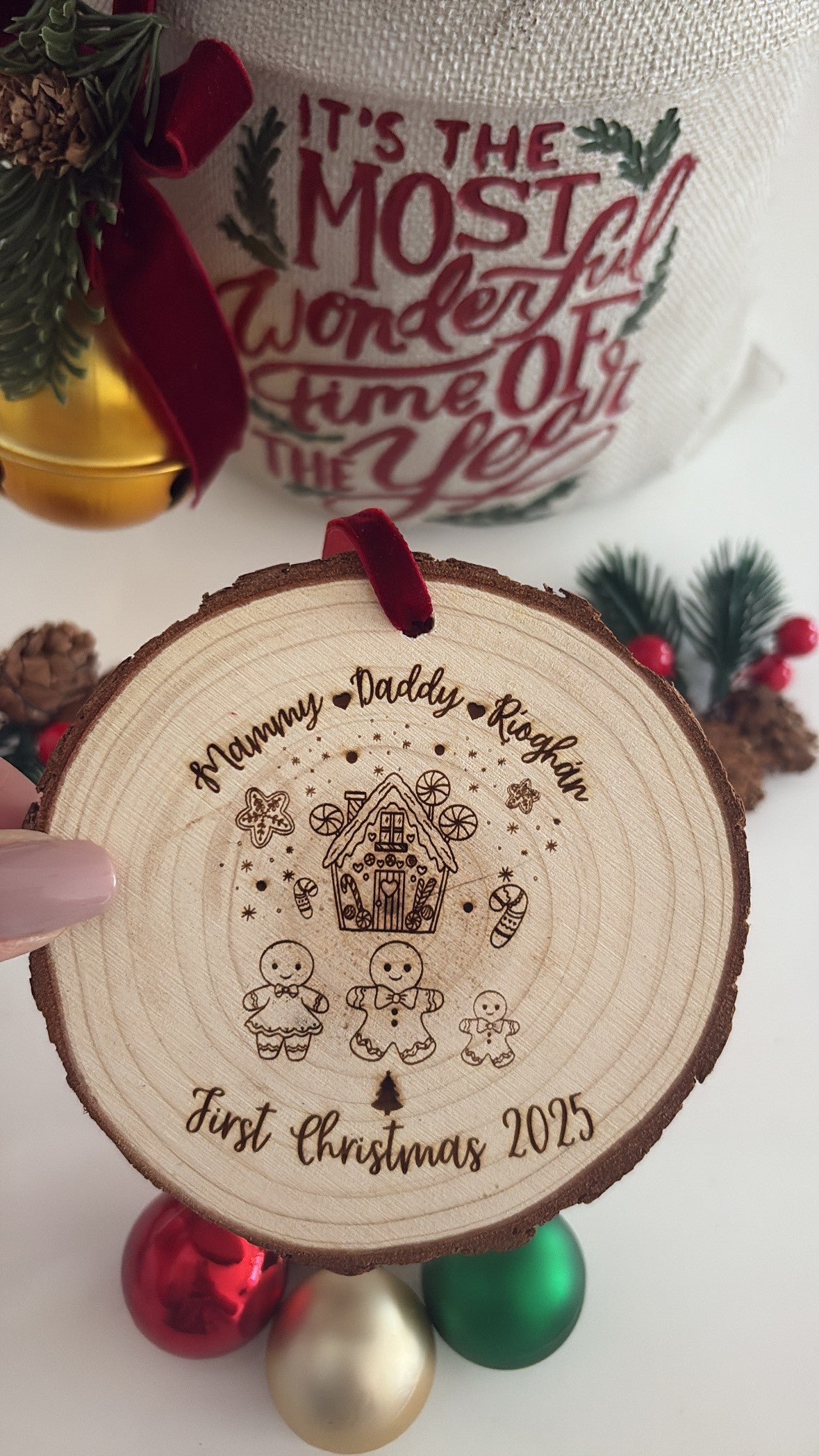 Gingerbread Family Christmas Wooden Engraved Disc