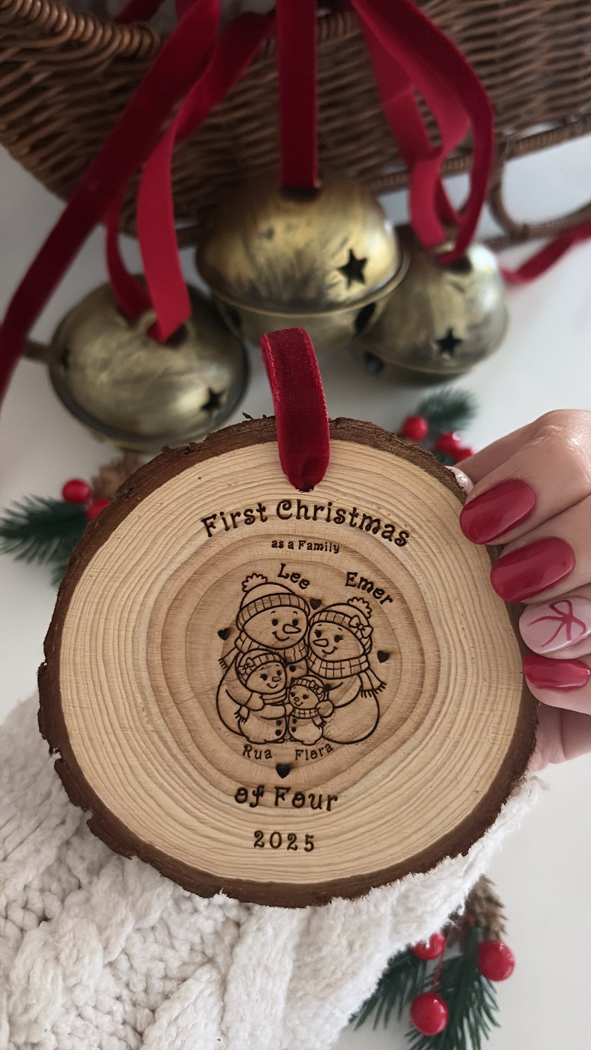 Snowman Personalised First Christmas as a Family of Four Wooden Decoration | Christmas 2026