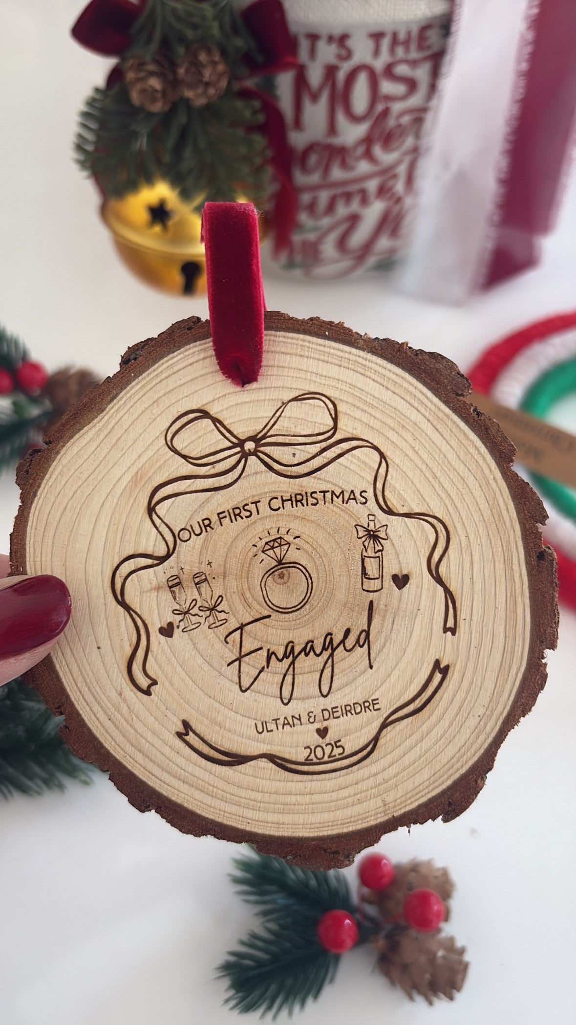 Our First Christmas Engaged 2026 Wooden Engraved Disc