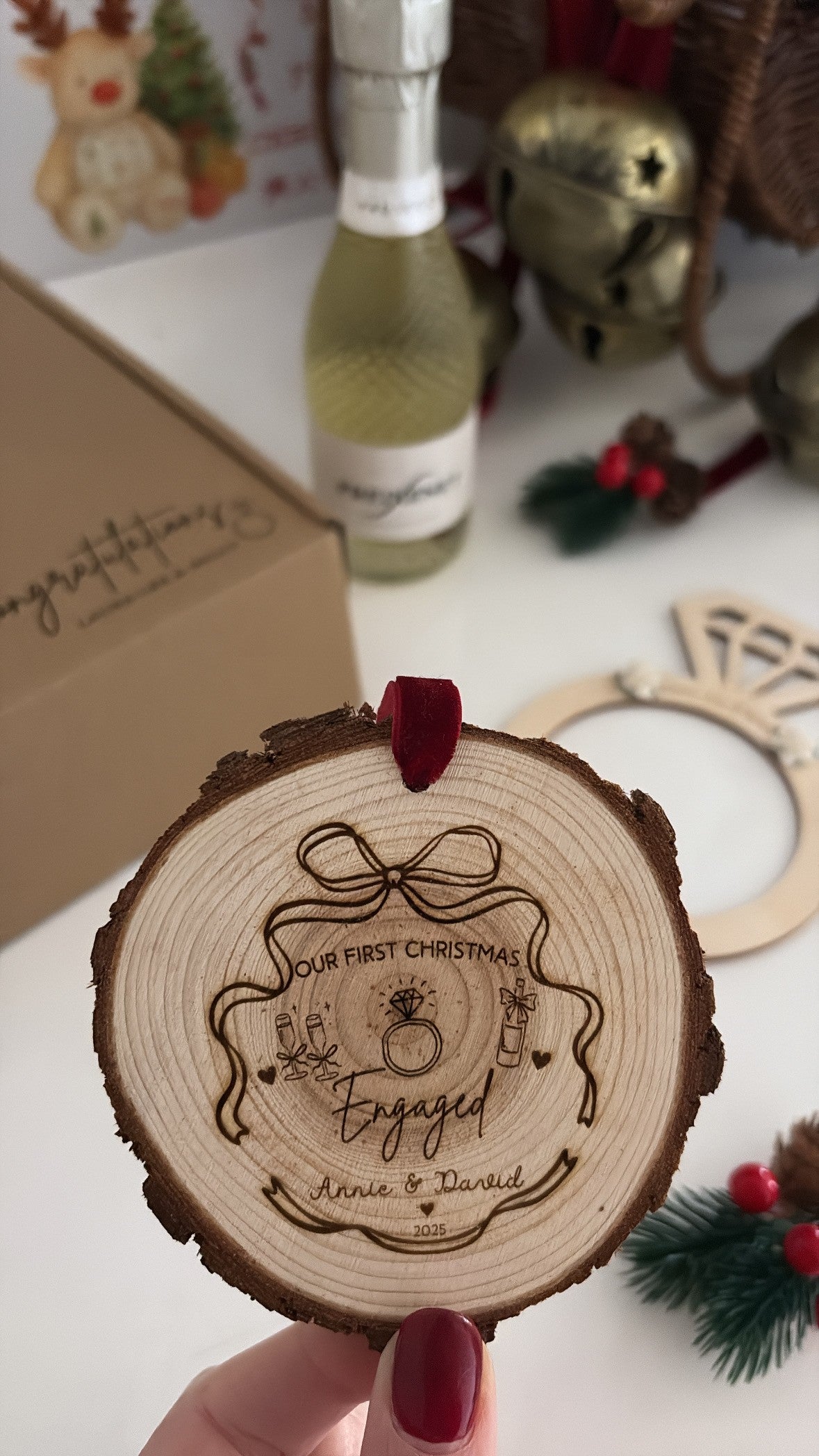 Our First Christmas Engaged 2026 Wooden Engraved Disc