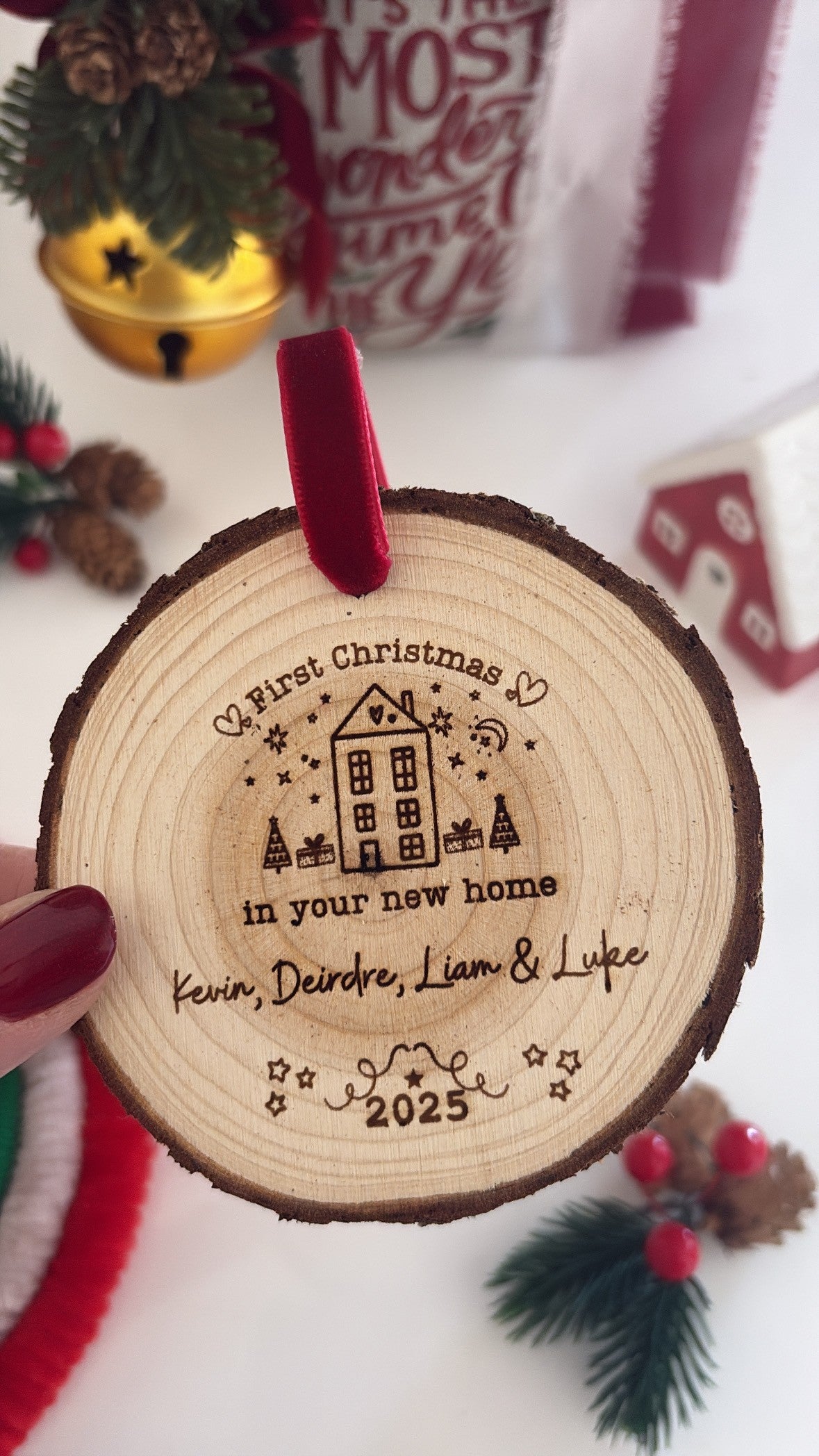 First Christmas in Our New Home 2026 Wooden Engraved Disc