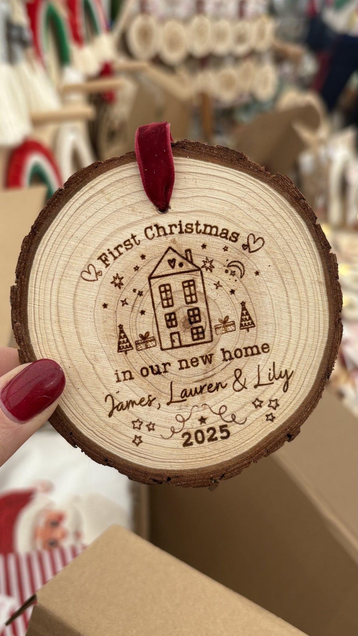 First Christmas in Our New Home 2026 Wooden Engraved Disc