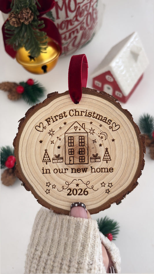 First Christmas in Our New Home 2026 Wooden Engraved Disc