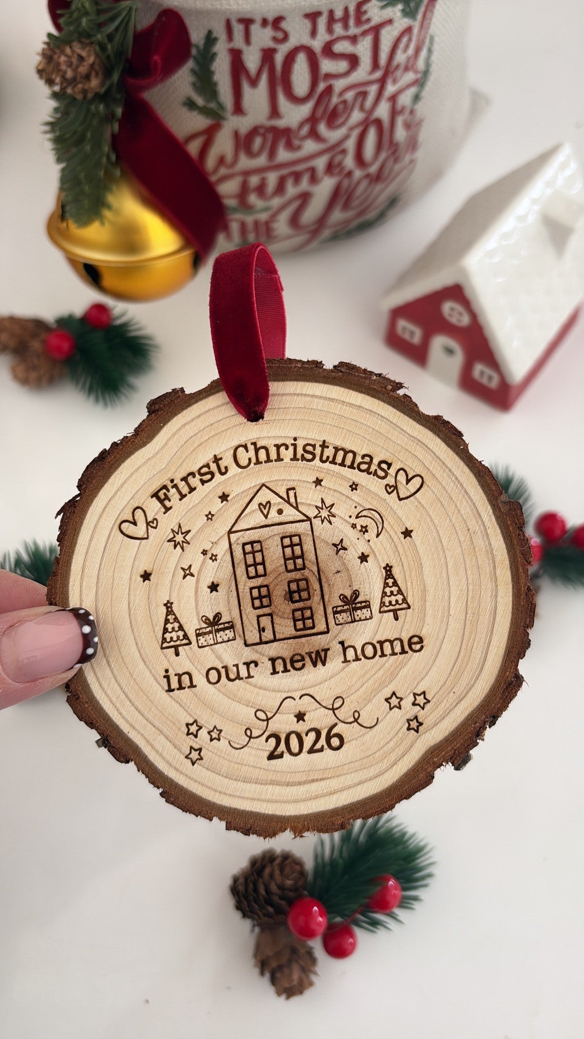 First Christmas in Our New Home 2026 Wooden Engraved Disc