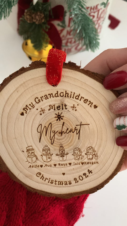 My Grandchildren Melt My Heart wooden engraved ornament with snowman doodles