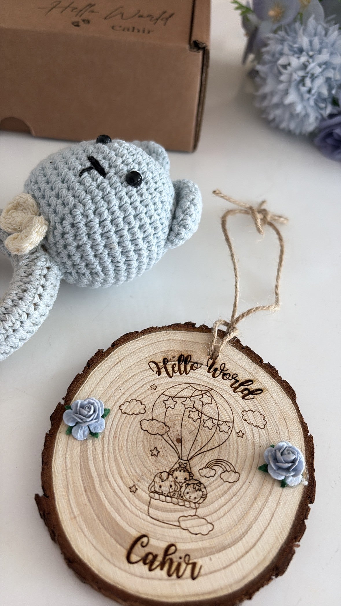 Hello World Baby Boy Personalised Wooden Engraved Disc