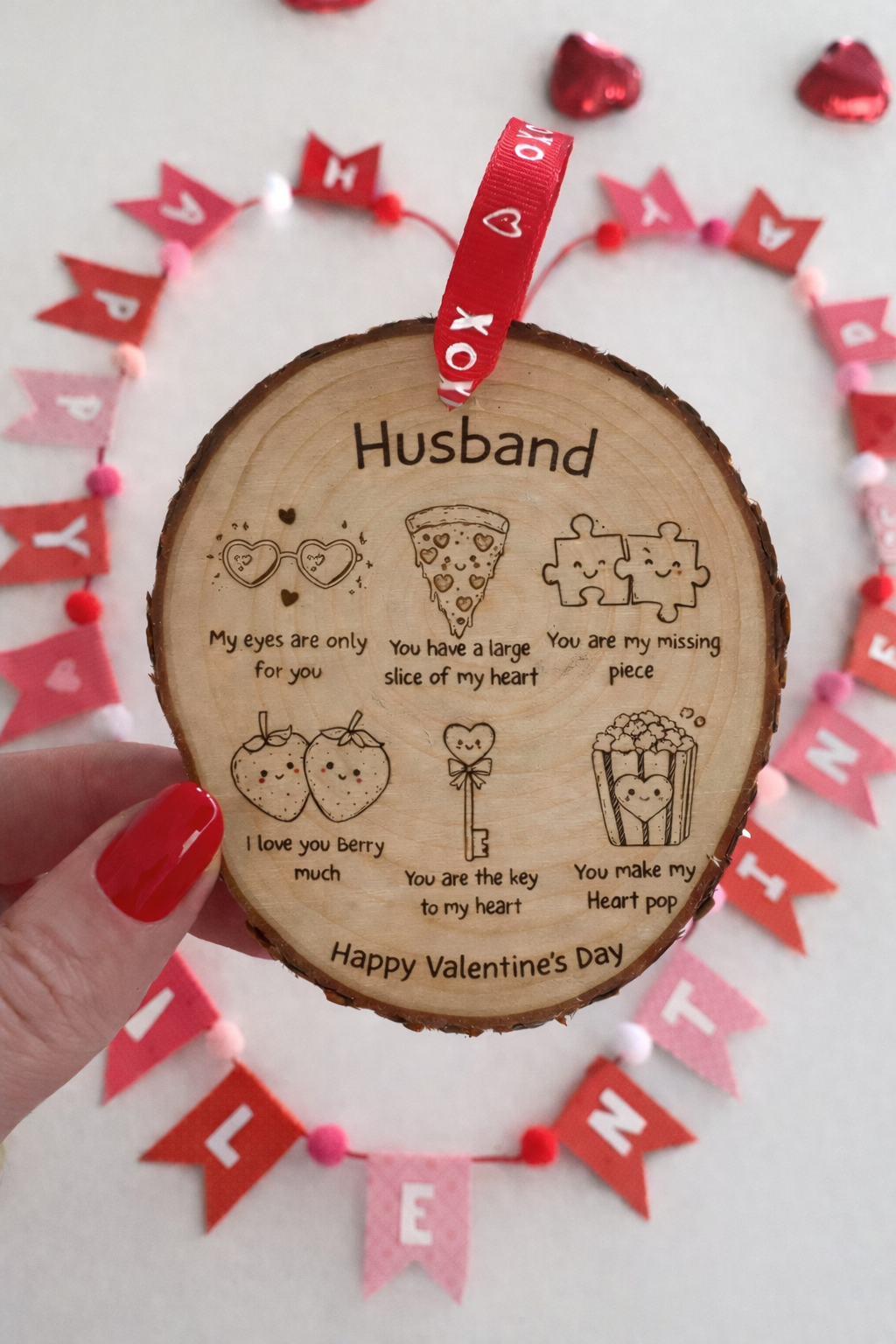 Engraved wooden Valentine decoration with cute love illustrations and hanging ribbon