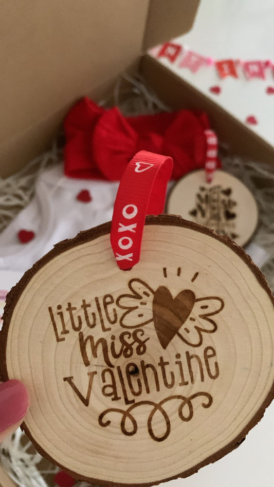 Little Miss Valentine wooden engraved disc with red XOXO ribbon, baby Valentine keepsake