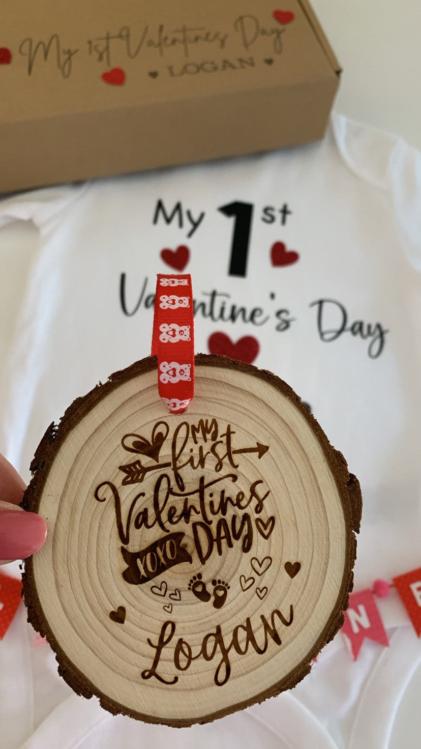My 1st Valentine’s Day wooden engraved disc with red ribbon, baby Valentine keepsake decoration