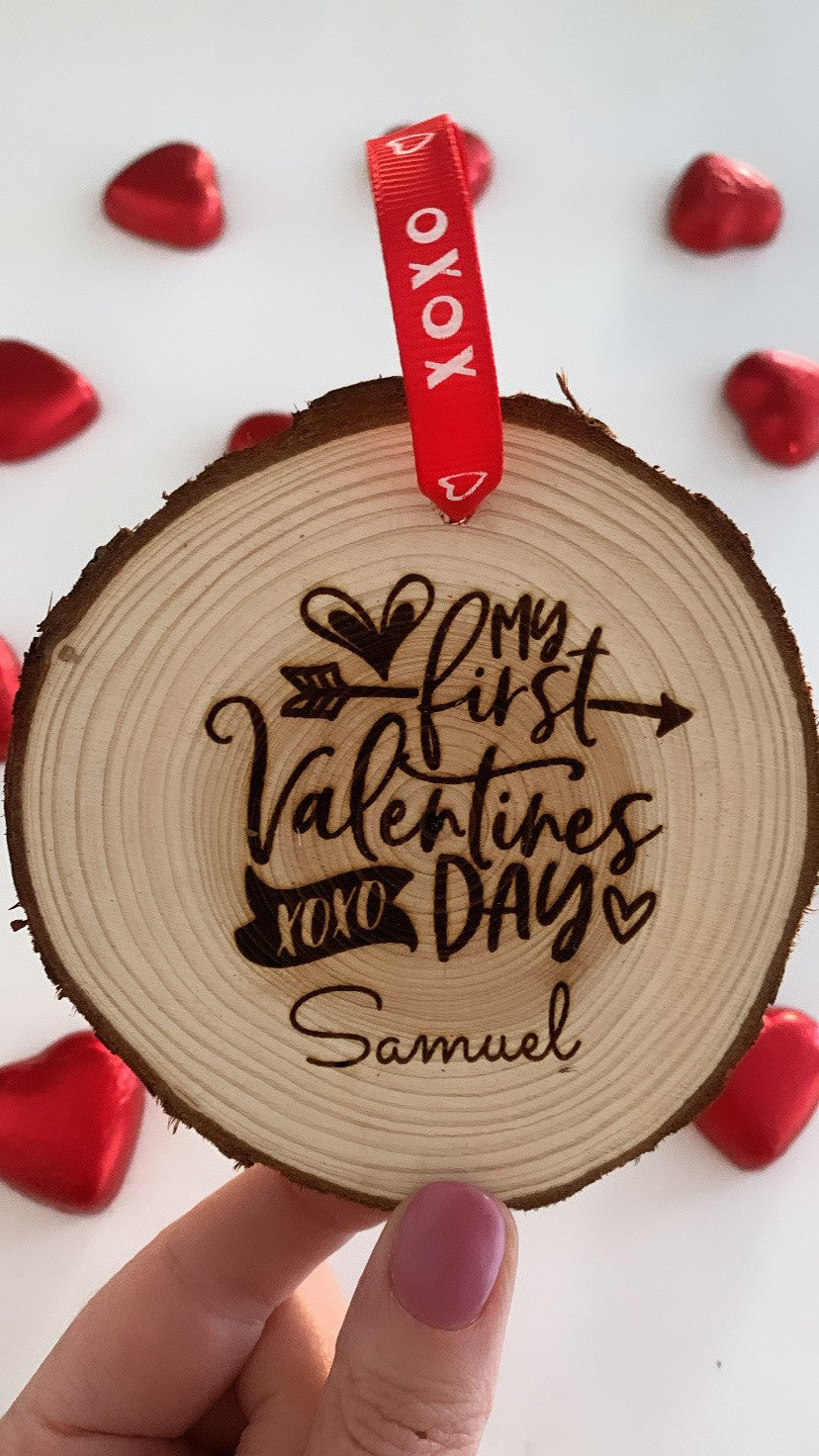 My 1st Valentine’s Day wooden engraved disc with red ribbon, baby Valentine keepsake decoration