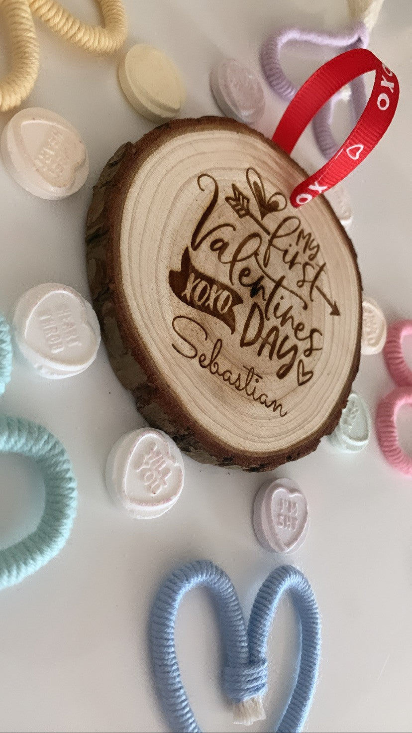My 1st Valentine’s Day wooden engraved disc with red ribbon, baby Valentine keepsake decoration