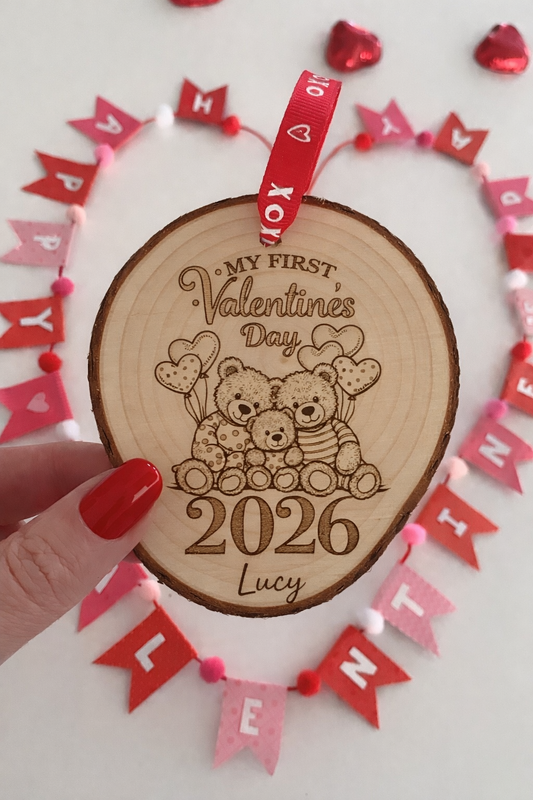 Personalised “My First Valentine’s Day” wooden disc with teddy bear engraving, baby name and year