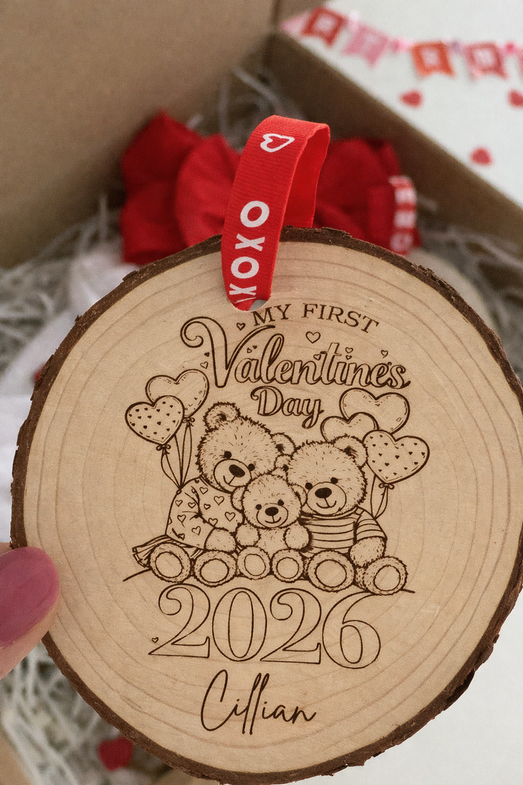 Personalised “My First Valentine’s Day” wooden disc with teddy bear engraving, baby name and year