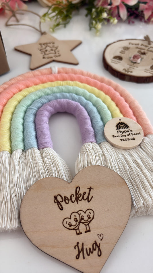 Wooden Pocket Hug heart token engraved with cute hugging hearts, perfect for comforting children starting school.