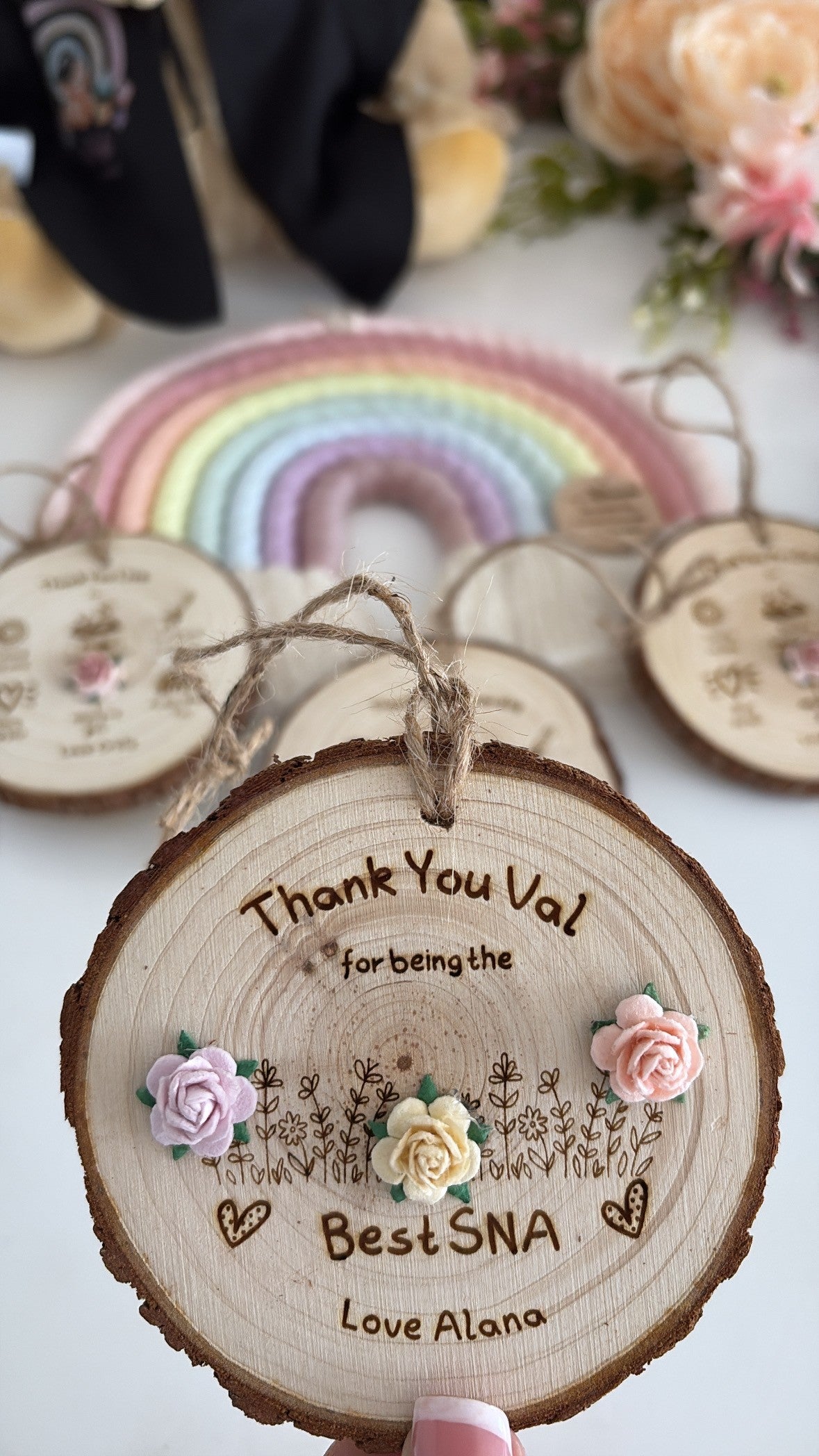 Handmade thank you SNA decoration personalised wooden disc gift for classroom assistant