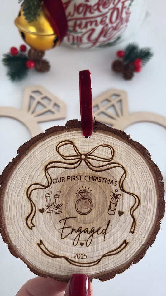 Our First Christmas Engaged Wooden Engraved Disc