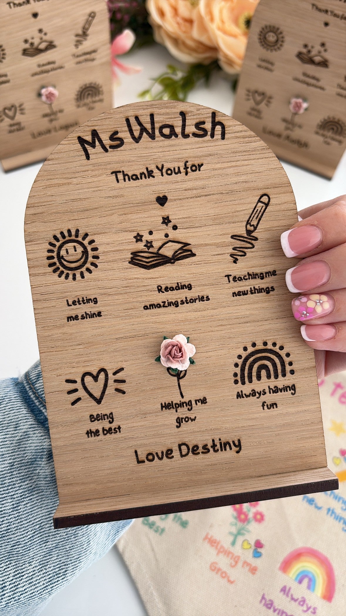 Handmade teacher thank you gift personalised wood plaque doodle design