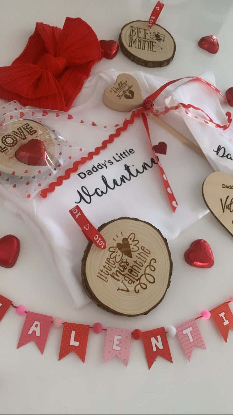 Little Miss Valentine wooden engraved disc with red XOXO ribbon, baby Valentine keepsake