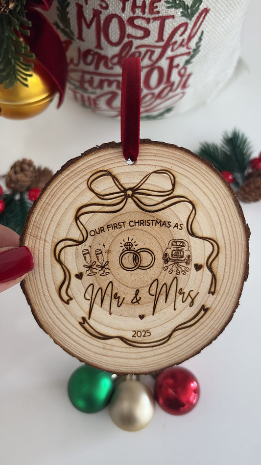 Our First Christmas as Mr & Mrs Wooden Engraved Disc