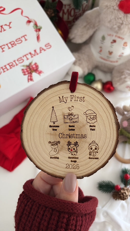 baby’s first Christmas engraved wooden ornament
