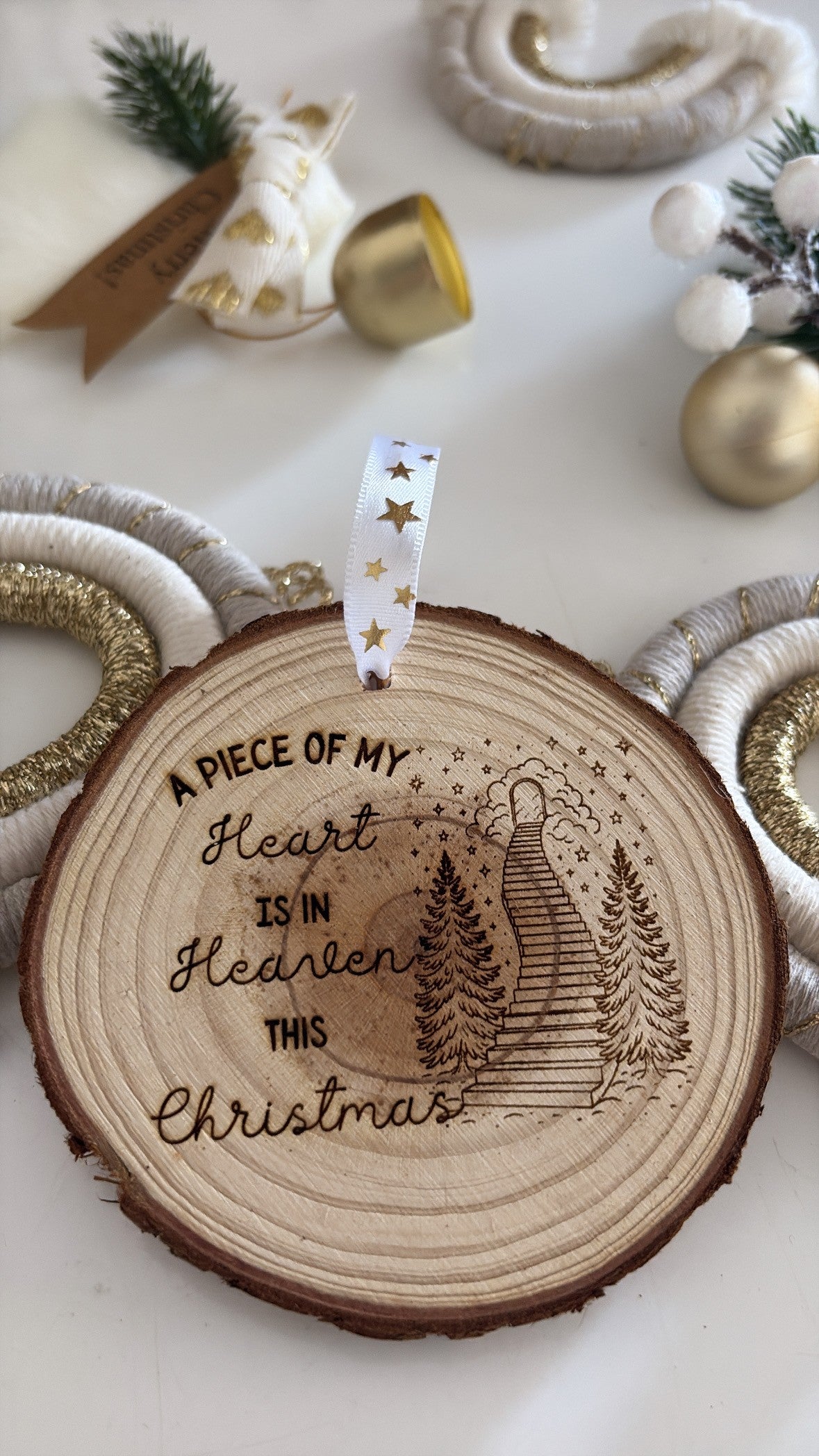 Rustic wood slice remembrance ornament for someone missed at Christmas