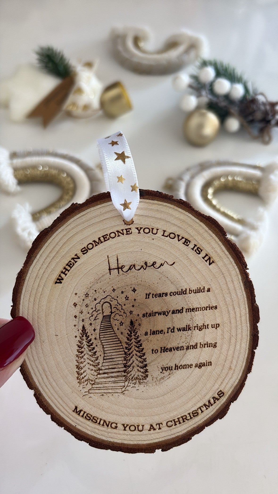 Engraved wooden ornament with “If tears could build a stairway” memorial quote and gold star ribbon