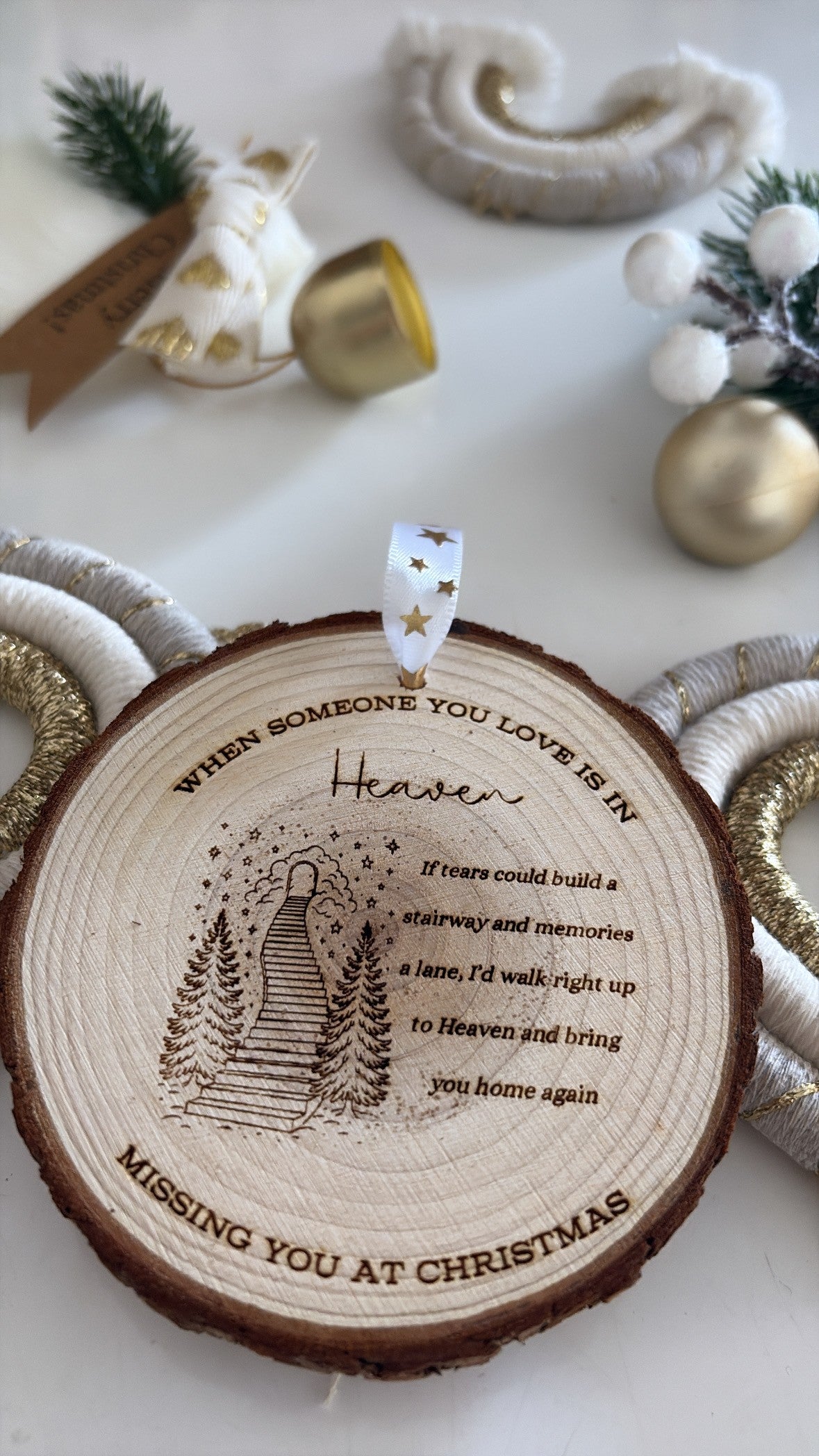 Engraved wooden ornament with “If tears could build a stairway” memorial quote and gold star ribbon